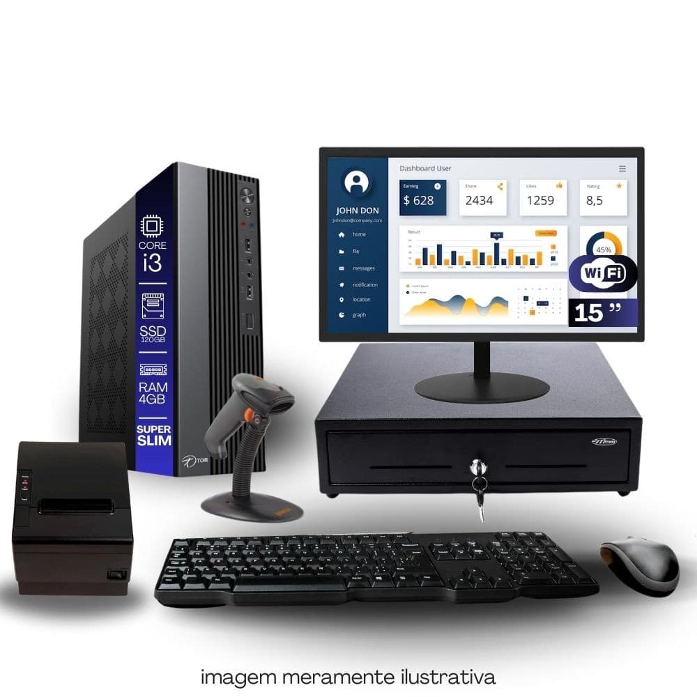 Kit PDV TOB i3 4GB SSD 120GB Win11 Rede S/Fio Teclado Mouse Monitor 15" Gvt. Dinheiro  Imp. Térmica Leitor Cód Barras