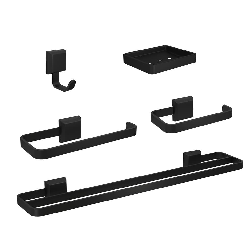 Kit De Acessórios Para Banheiros 5 Pçs Com Toalheiro Duplo Preto