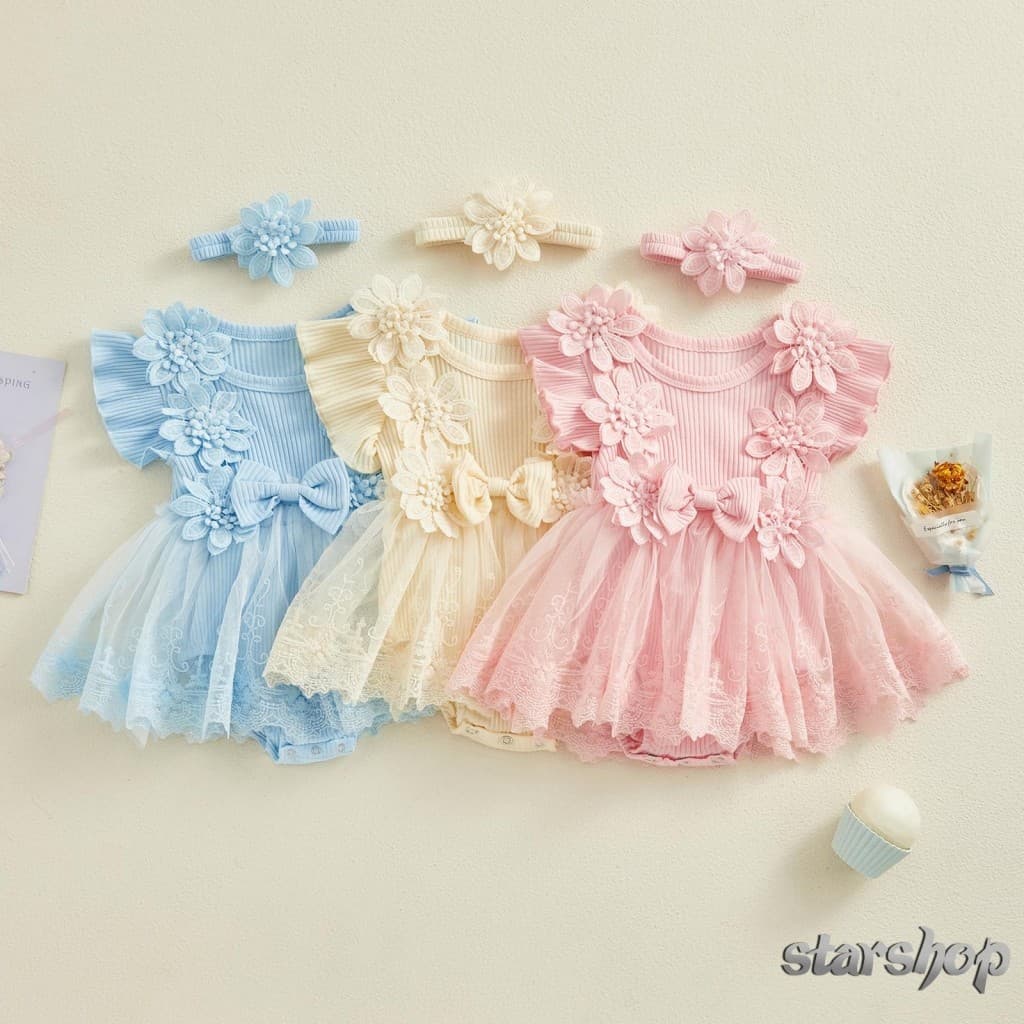 Starshop-Baby Girl 2 Piece Outfits Roupa De Verão Em Renda De Malha Rufle Romper Vestido E Fita De Cabeça Moda Fofa