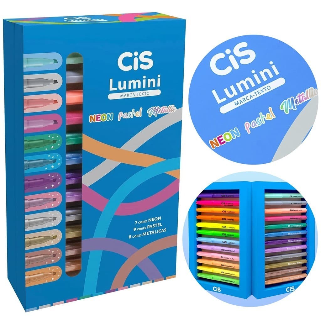 Kit 24 Marca Texto Cis Lumini Pastel, Metálicas e Neon - Coleção Completa