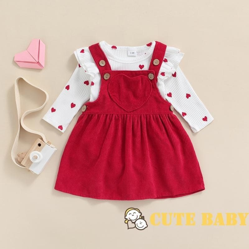 Conjunto de Outono para Infantil Meninas Dia Dos Namorados Coração Manga Comprida Macacão com Suspensório Saia,0-18 M