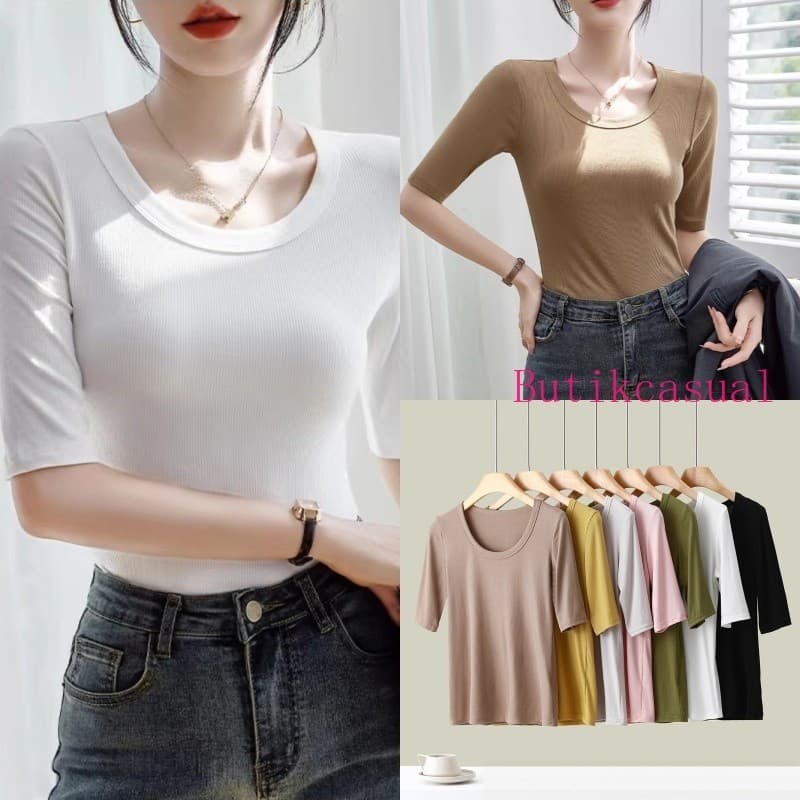 Mulheres u Pescoço Fio Camiseta Simples Meia Manga Fino Ajuste Conforto Elasticidade Camisa 2024 Primavera Verão Moda No