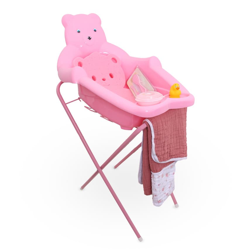 Kit Banheira de Bebê Ursinho com Suporte, Almofada, Acessórios e Tolha Soft