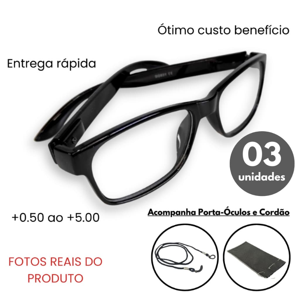 Kit com 03 Óculos De Grau Para Leitura / Descanso / Trabalho Unissex + Cordão e Capinha - Graus 0.50 até 5.00