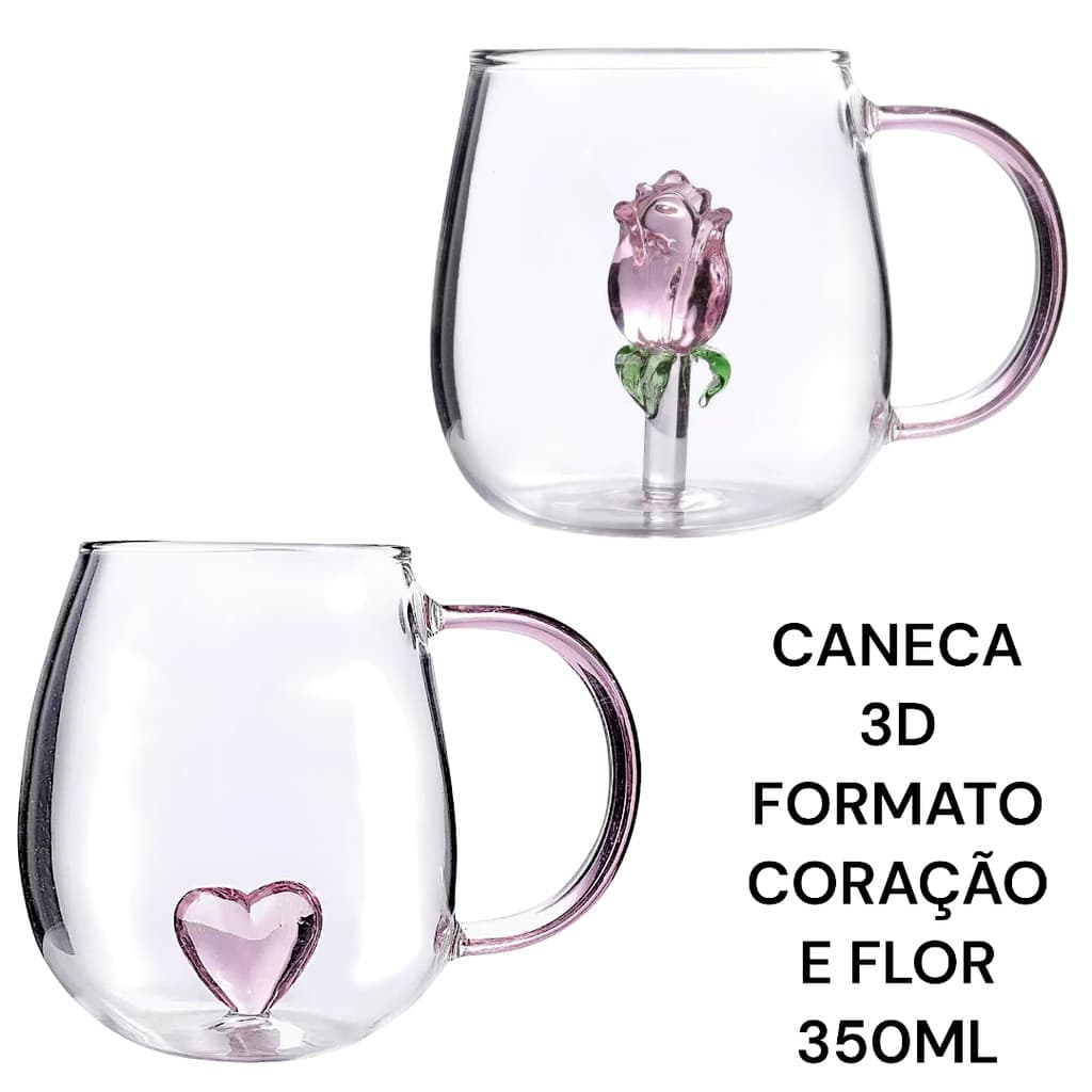 Caneca de vidro 3D coração presente xicara 350ml