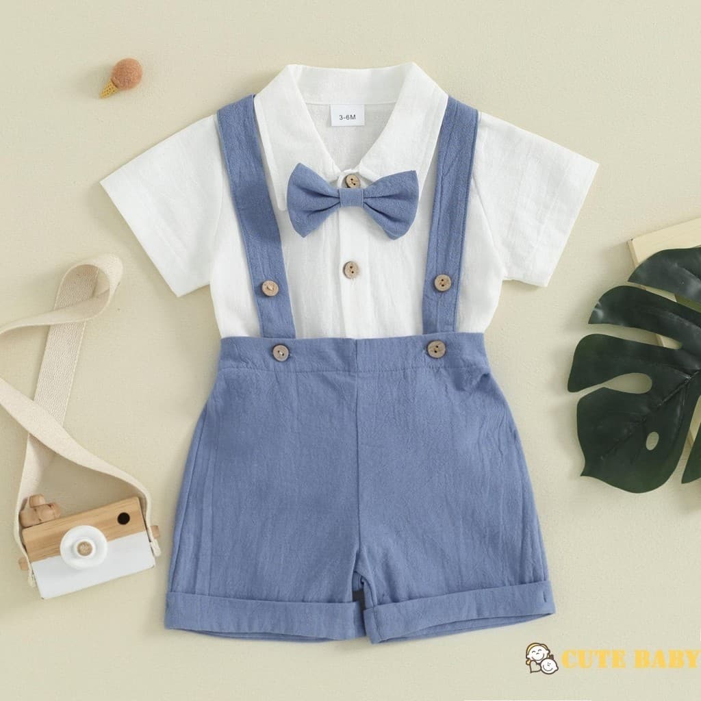 Conjunto Infantil Para Bebês Meninos, Macacão De Manga Curta De Cor Sólida Com Gravata Borboleta E Shorts,0-24 Meses
