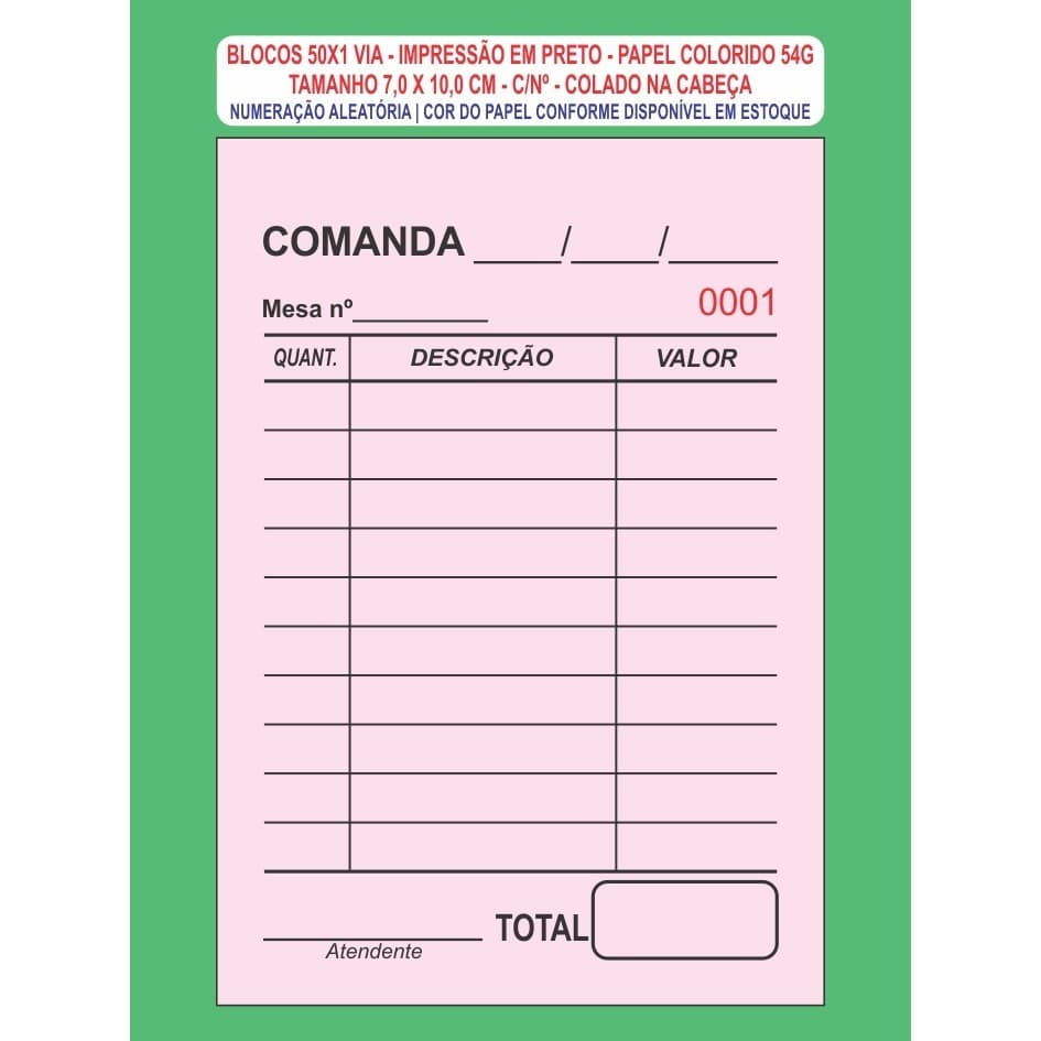 20 Blocos 50x1 De Comanda Mod Mesa C/n Pap Colorido