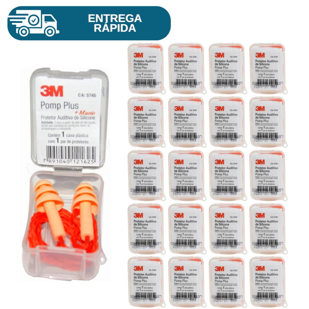 Kit 40 Protetor Auricular Auditivo Plug Silicone Pomp Plus 3M Com Cordão Para Ouvido 19DB Esportivo