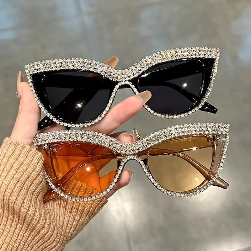 Óculos De Sol Olho De Gato Com Strass Brilhante Para Mulheres – Tons Decorativos Luxuosos Festas De Baile E Fantasias