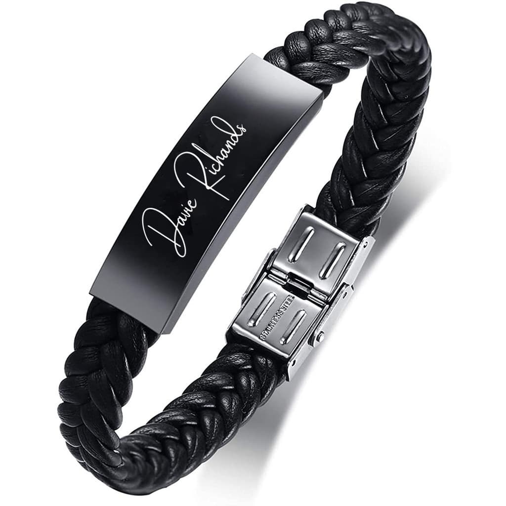 Pulseira Personalizada De Nome Fotográfico Para Homens Couro Preto Tecido À Mão De Aço Inoxidável