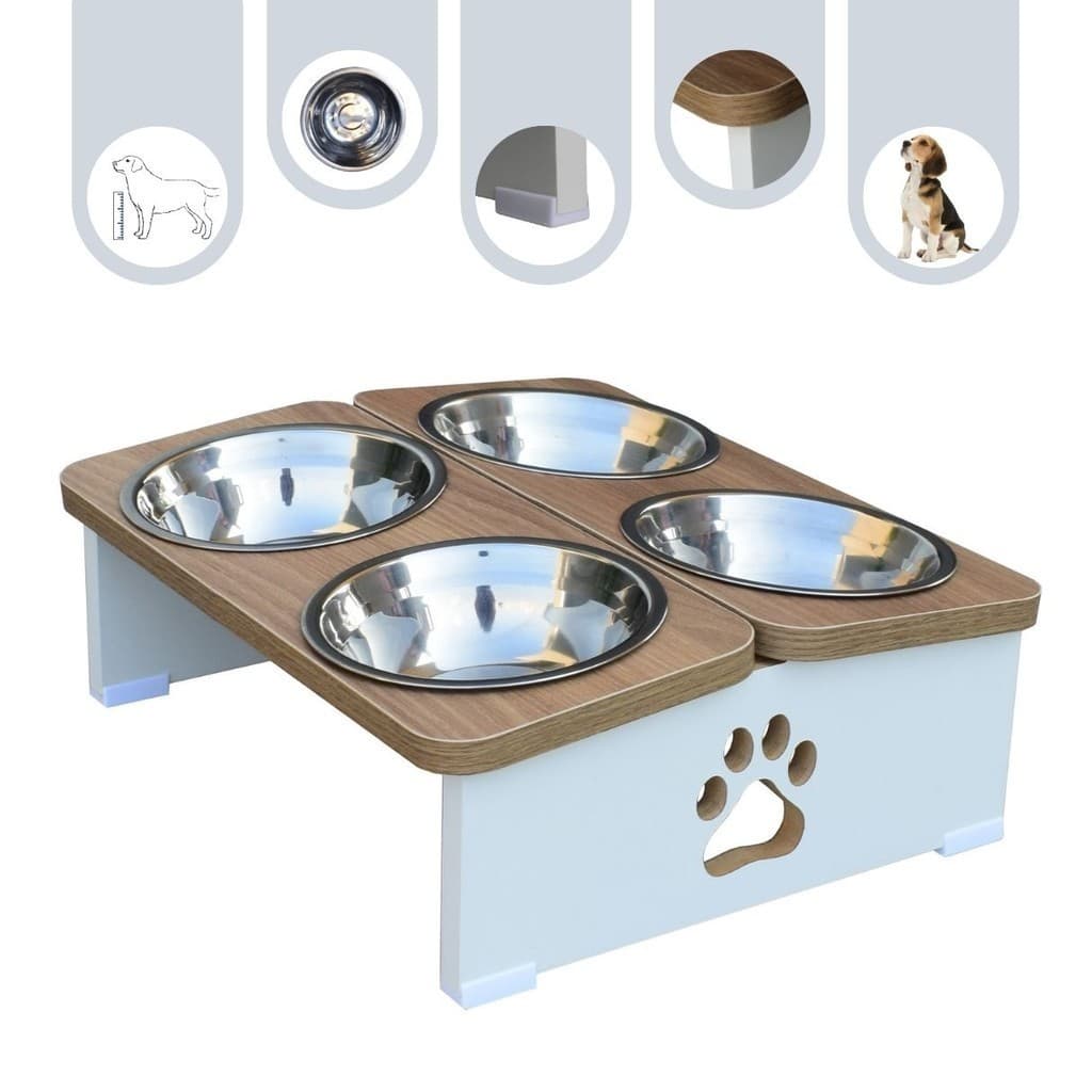 Comedouro Gato Cachorro Elevado Quádruplo Pet MDF - Tigela Inox