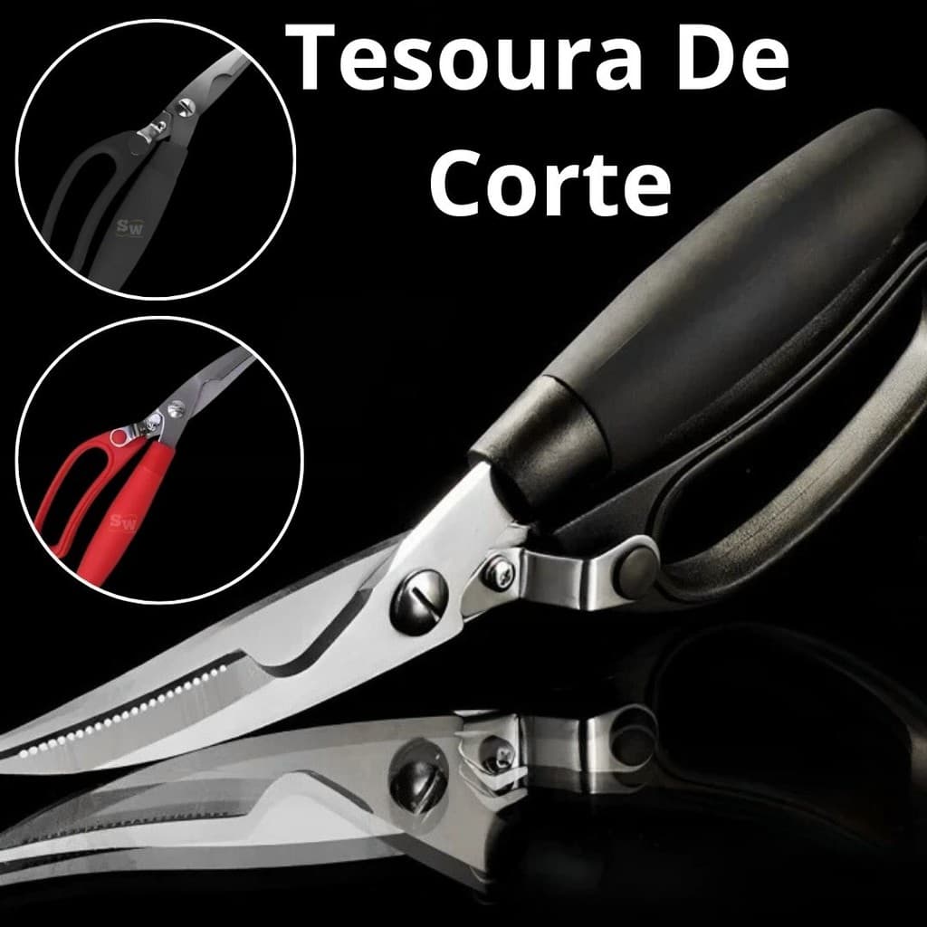 Tesoura Corta Frango Carne e Kit Tesoura e Raspador Peixe Multiuso Profissional