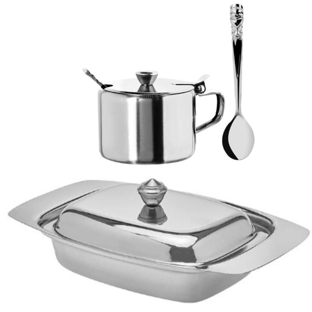 Conjunto Café da Manhã Manteigueira e Açucareiro em Inox Linha Glamour