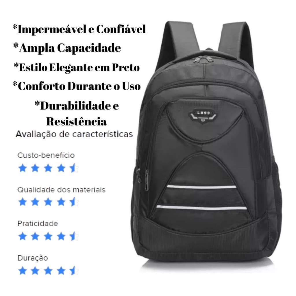 Mochila L899 Grande Preta: Premium, Impermeável E Espaçosa Lançamento na loja, aproveite produto com pronta entrega