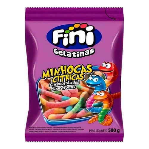 Bala Fini Minhoca Azedinha Bala De Gelatina 500g - Fini