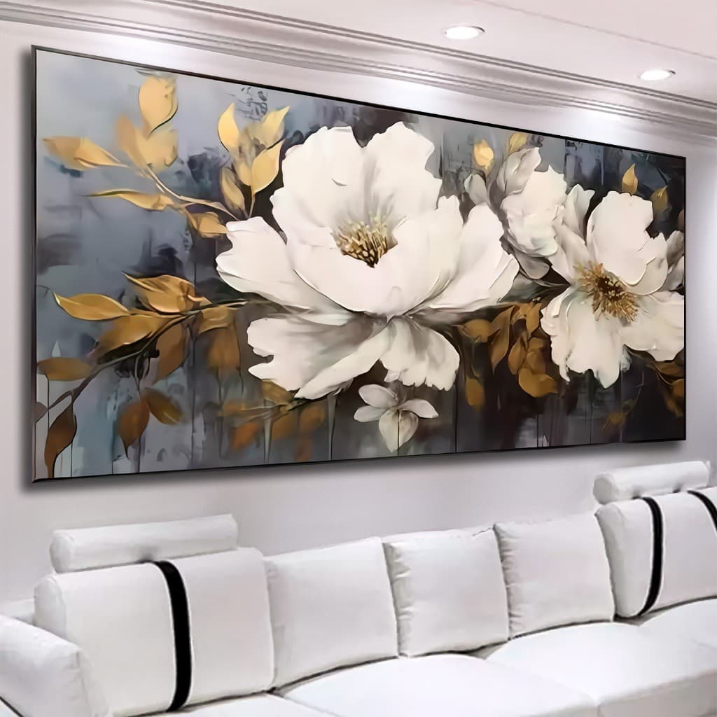Quadros Decorativos Sala Grande 112X80 Abstrato Flores Brancas Arte Floral Pintura Quarto