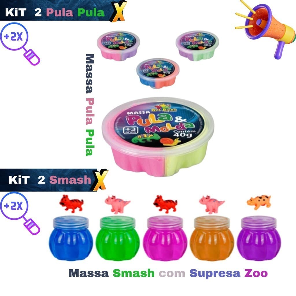 Kit 2 Massa Pula e Molda 40g + Diversão Incrível + 2 Surpresas Zoo