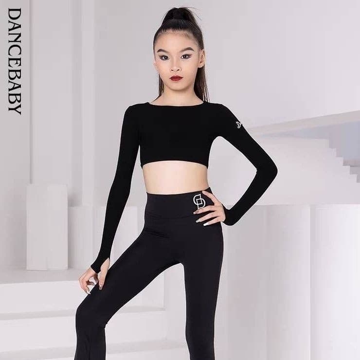 [WDF] Fantasia de prática de dança latina, roupas de dança pretas puras fora da cintura, calças de manga comprida, traje