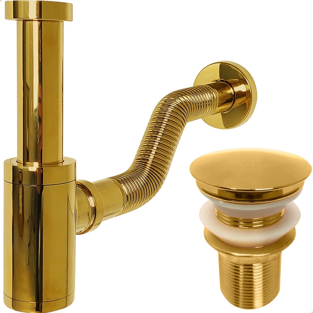 Sifão Copo Dourado Metal 1 1/4 Com Tubo Ajustável Adaptável Válvula Click 40mm Ralo De Pia Banheiro