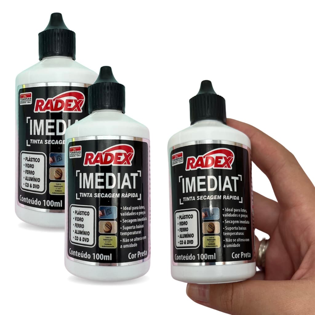 Kit 3 Tinta Para Carimbo Secagem Rápida P/ Plástico 100ml Radex Cor Preta