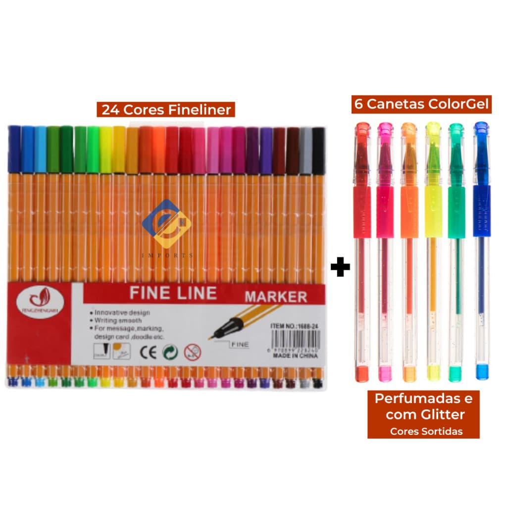 Kit Canetas Coloridas Ponta Fina 24 Cores + 6 Canetas Coloridas Gel com Glitter Perfumadas