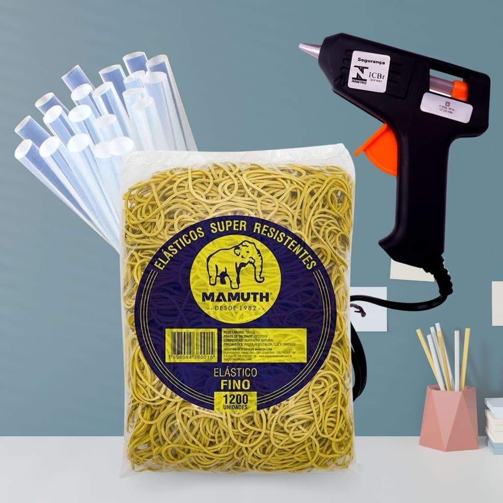 Pistola De Cola Quente Bivolt C/ 8 Bastões Cola Fino + 1Kg Elástico Liga Liguinha Amarela Escritório