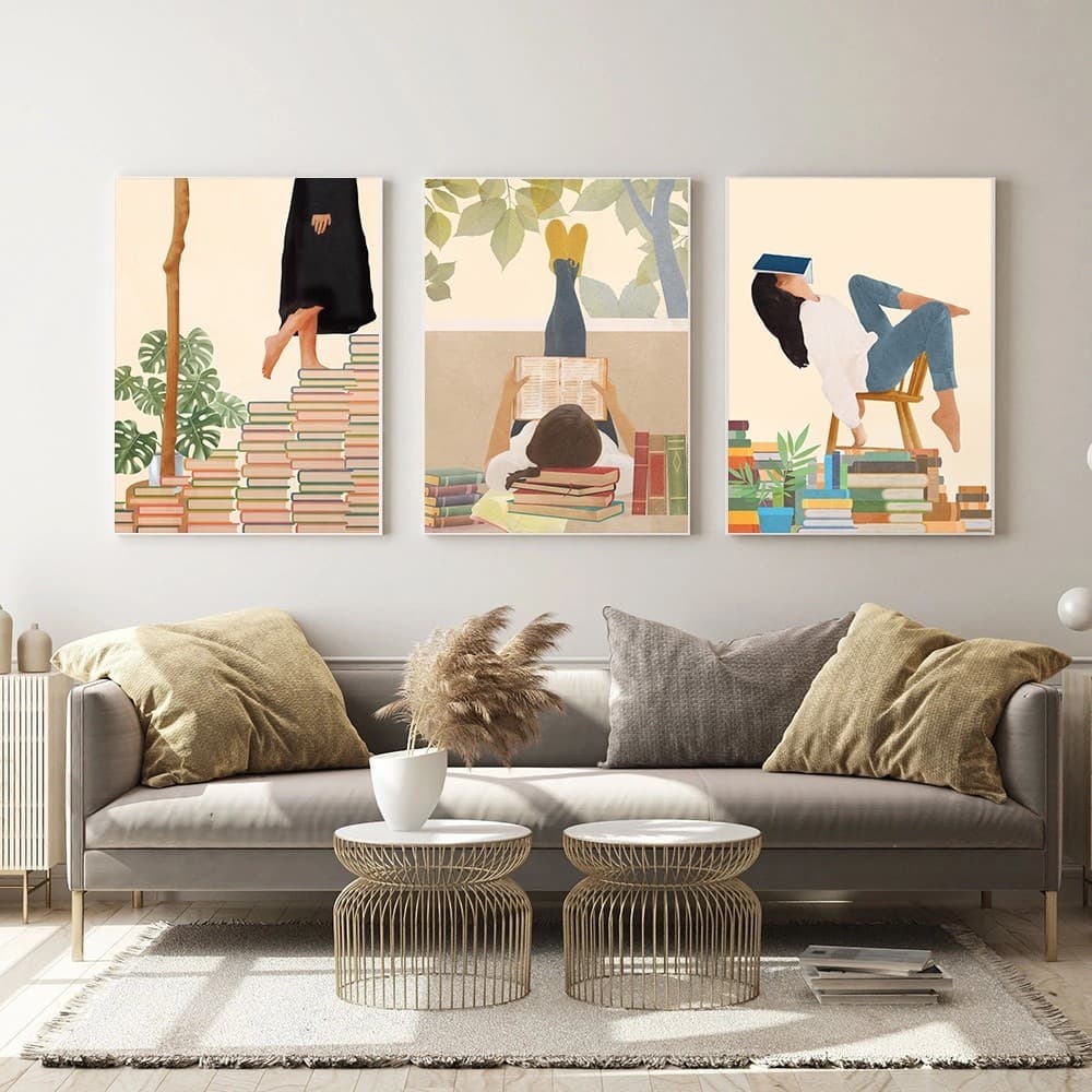 quadro decorativo 3 peças livros abstrato leitura decoração