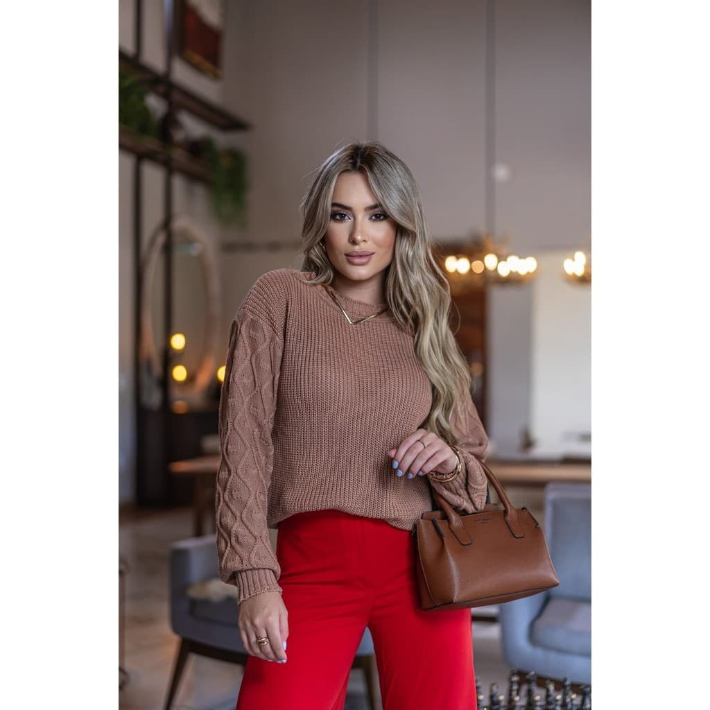 Blusa de Frio Feminina Tricô Inverno Ponto Crochê Pelota Manga Suéter de Lã Macia | Use&use Tricot