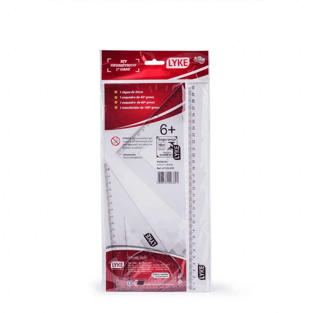 Kit Geométrico Régua Transferidor 1º Grau Lyke com 4 Réguas Plásticas