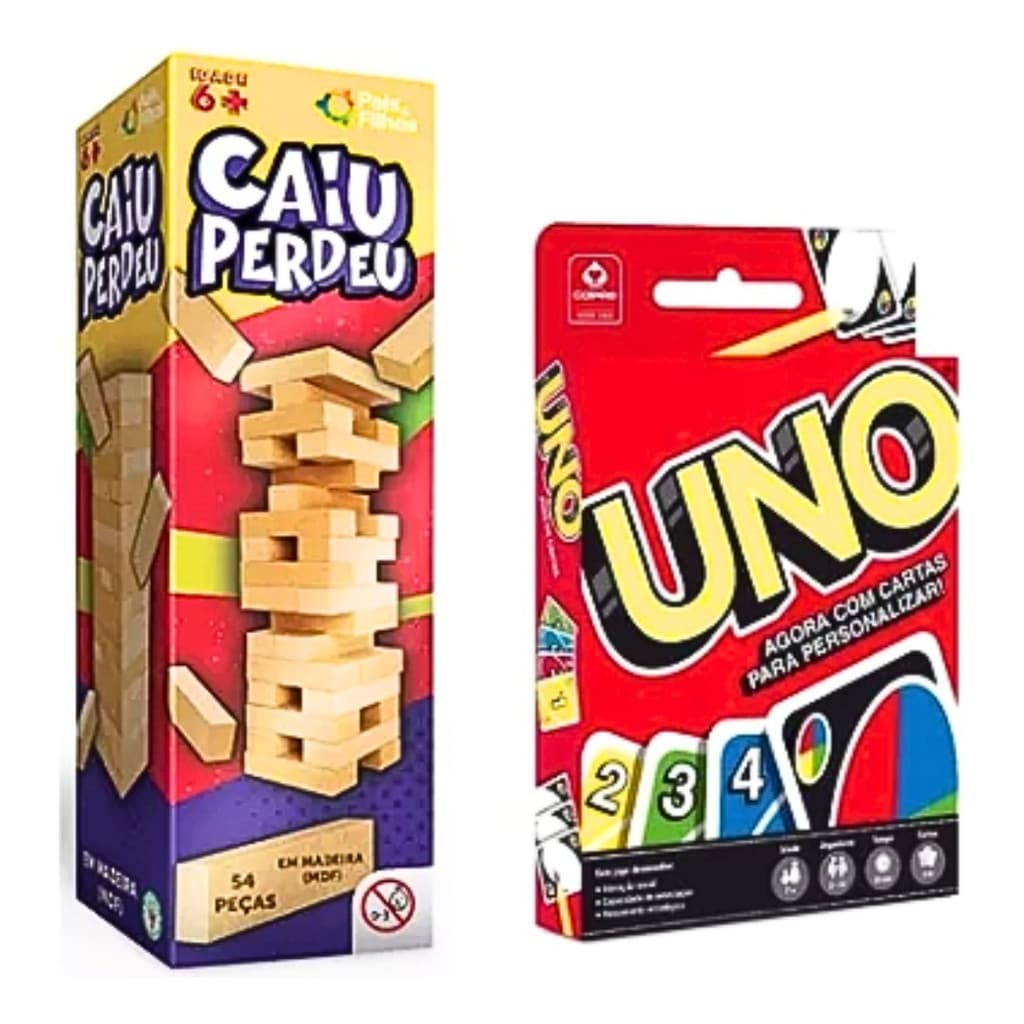 Kit Jogo Uno Original cartas personalizadas Mais Torre Caiu Perdeu Jogos De Tabuleiro Cai Cai