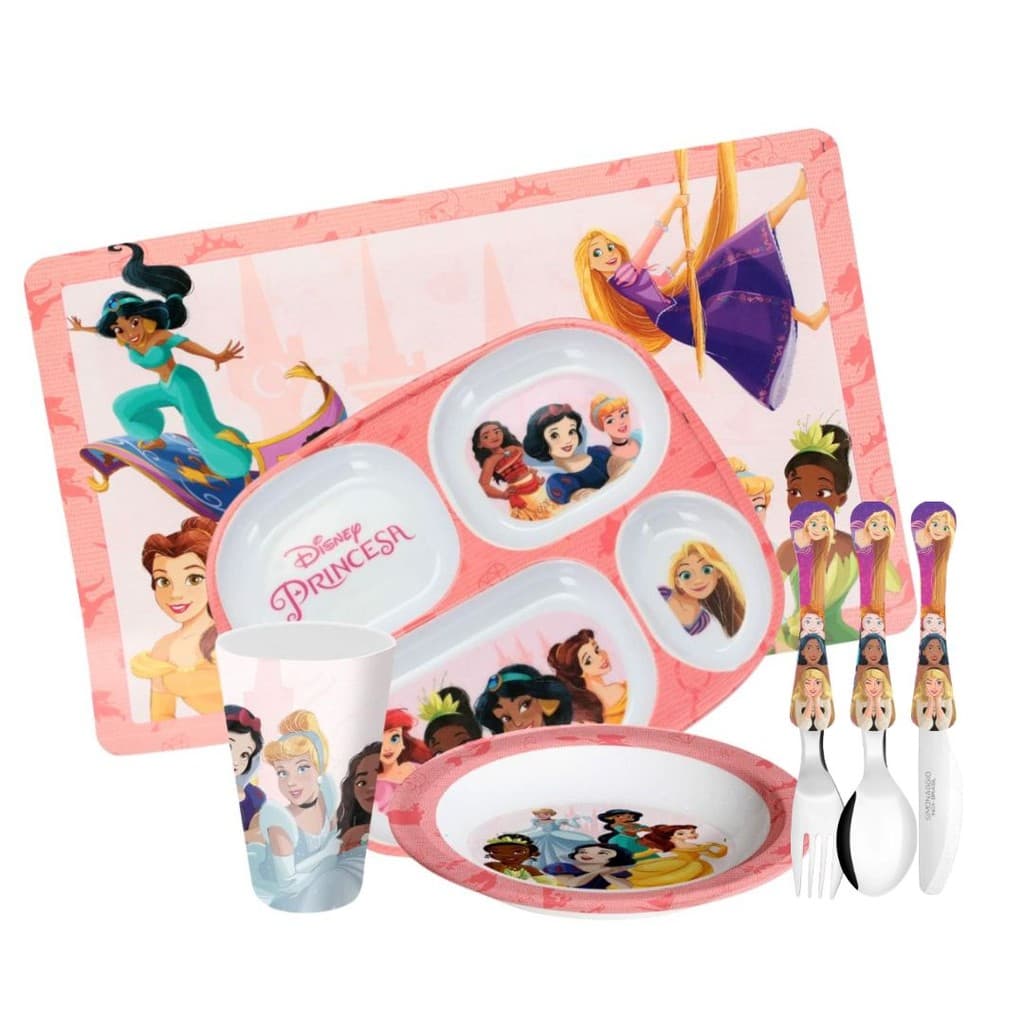 Jogo Refeição Infantil Princesas Disney 7 Peças Prato Divisória, Prato Fundo, Copo e Talheres - Tuut