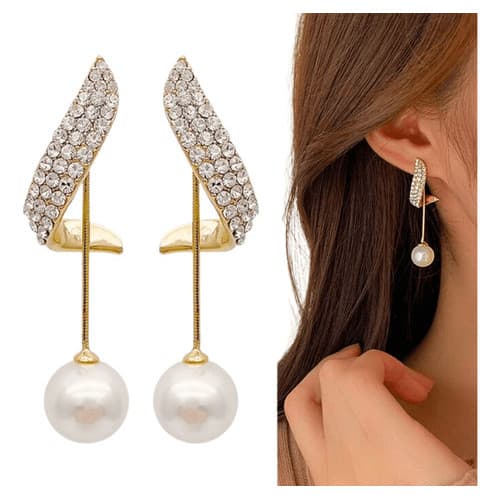 Brinco Longo De Festa Perola Strass Luxo Elegante Noiva Madrinha Cor Dourado Reis Acessórios