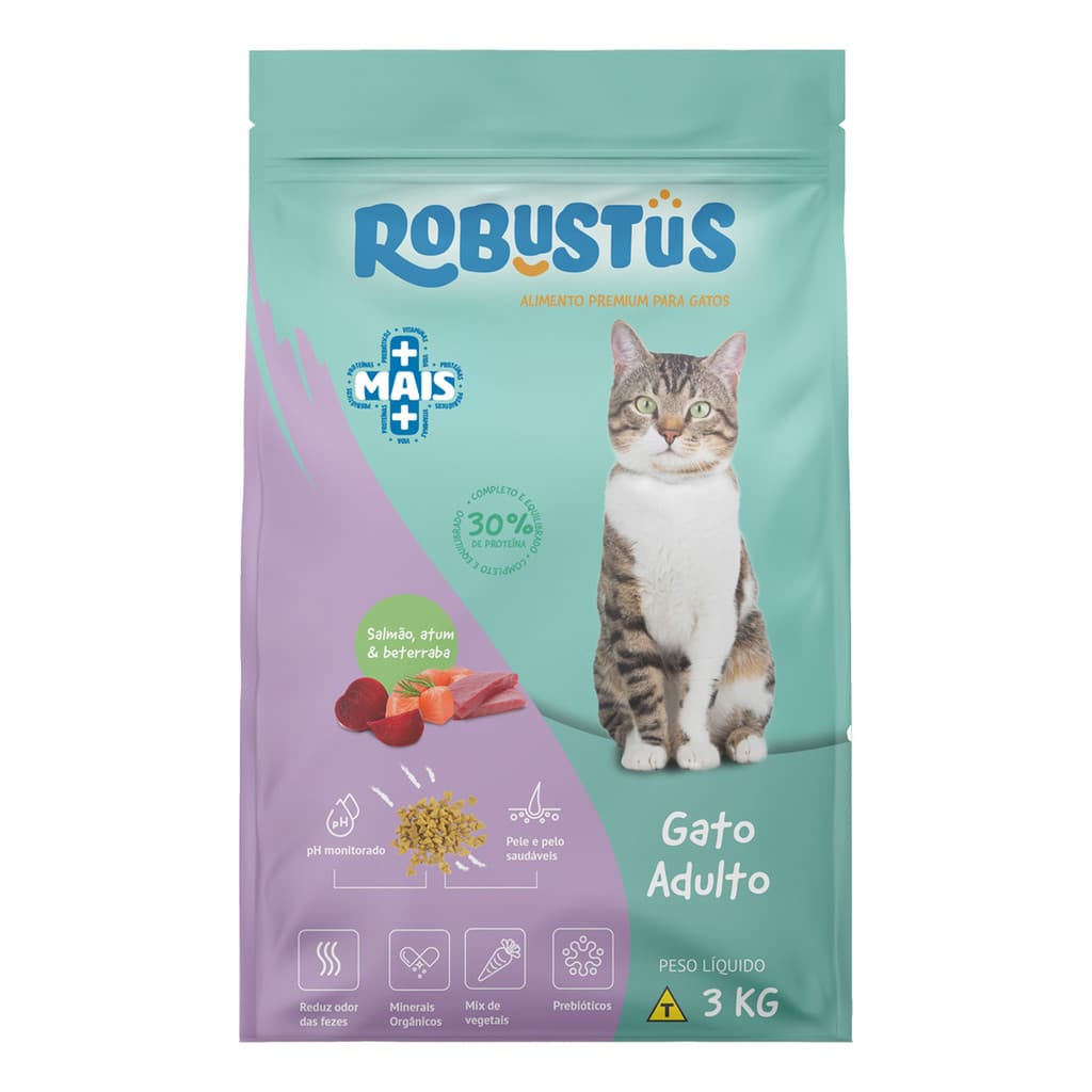 Ração Premium Linha +Mais Gato Gatos Castrado Salmão 30% Proteína Livre Corante 3kg Robustus