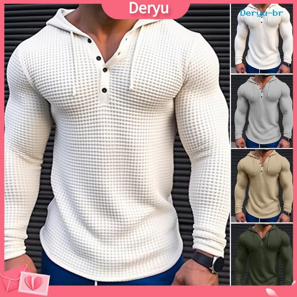 [Camisa De Camisola De Mola De Outono Para Homens Camiseta Sólida Cor Slim Fit Manga Longa Casual Pullover Top Com Capuz