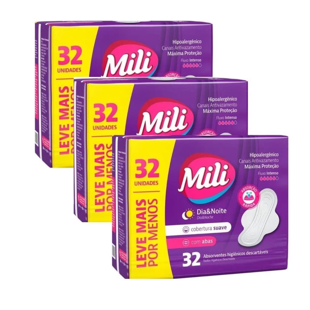 Absorvente Mili Dia e Noite Suave 32 Unidades com Abas,kit com 3, 96unidades no total.