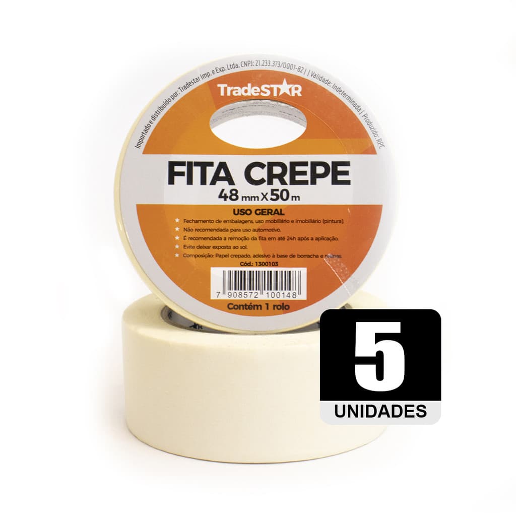 Fita Adesiva Crepe Papel 48mm x 50m C/ 5 Rolos