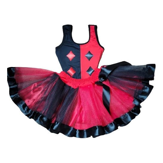 Conjunto Fantasia Infantil de Body e Saia de Tule Carnaval Halloween Arlequina