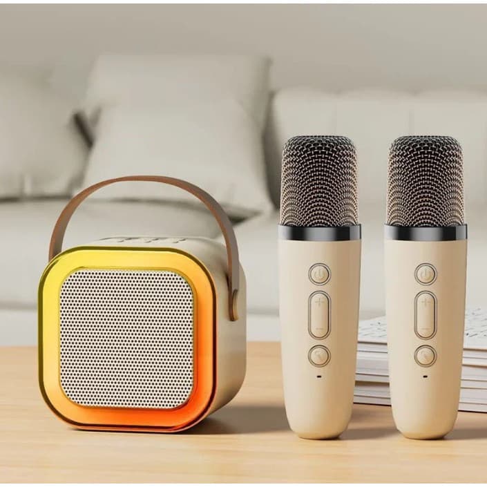 Microfone Sem Fio com Caixa de Som Bluetooth Karaokê Portátil Infantil e Adulto LED RGB