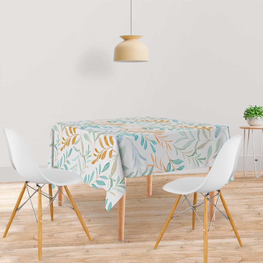 Toalha De Mesa Quadrada 4 Lugares Tecido Oxford Aquarela Ramos de Folhas TL217 - 140x140cm