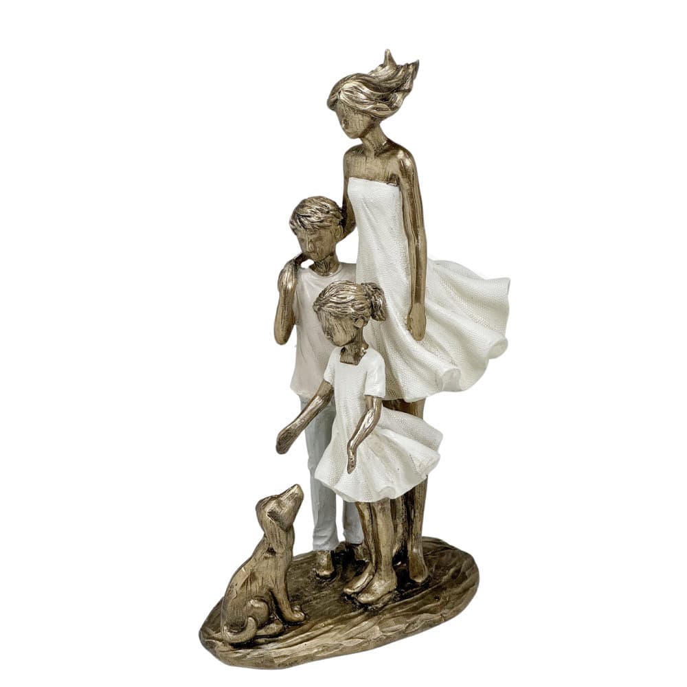 Escultura Estatueta Estátua Mãe Casal De Filhos Irmãos Menino Menina Pet Cachorro Decorativa Casa Sala Quarto Escritório