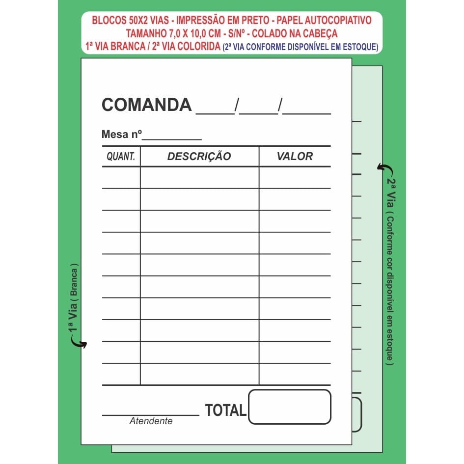 20 Blocos 50x2 De Comanda Mod Mesa S/n Pap Autocopiativo