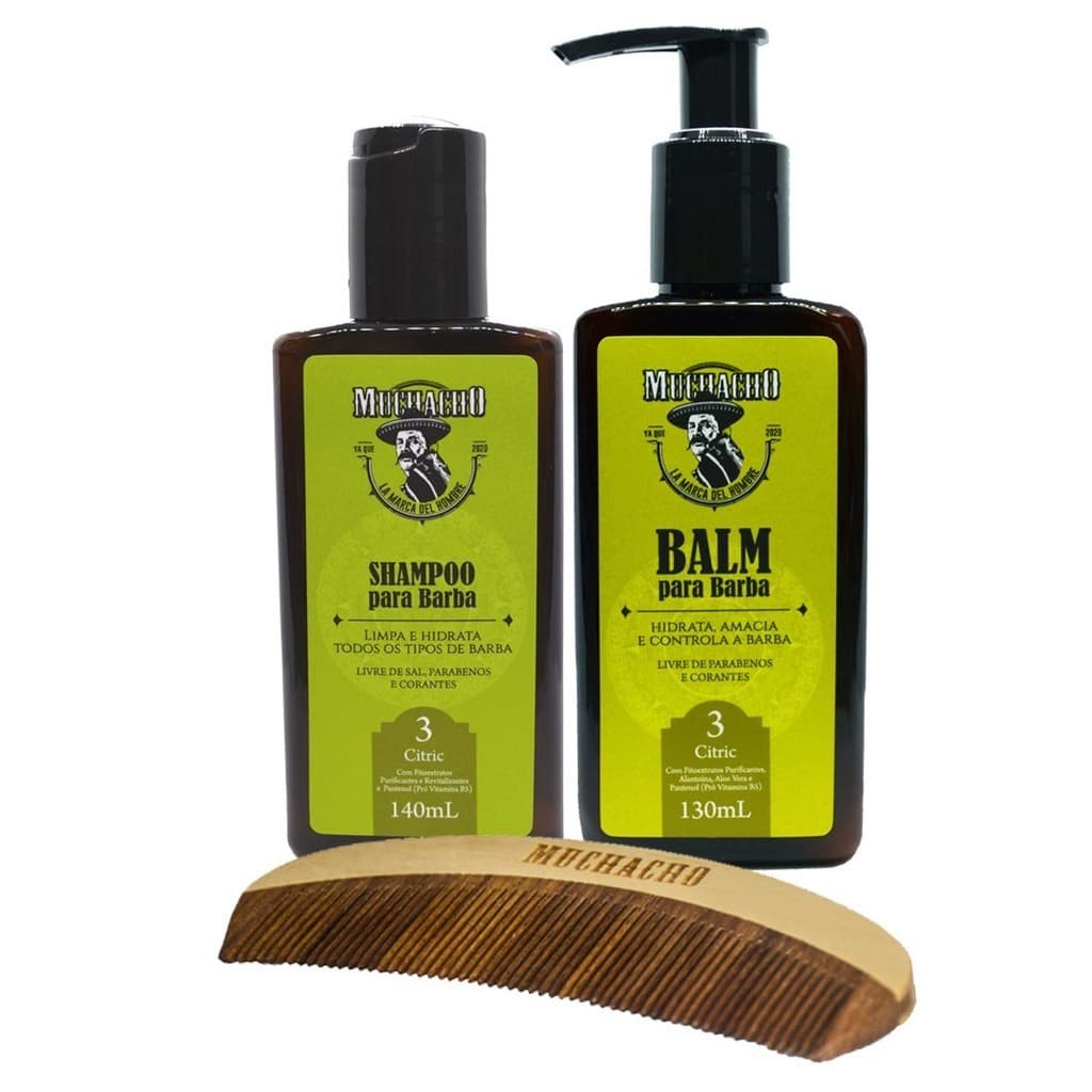 Kit Shampoo para Barba + Balm para Barba + Pente Curvo - Muchacho Citric Frasco
