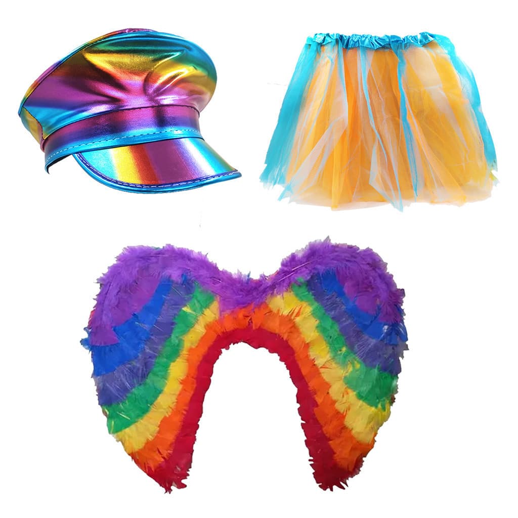 Kit Asa De Anjo Chapéu Arco Íris Saia Tule Fantasia Carnaval