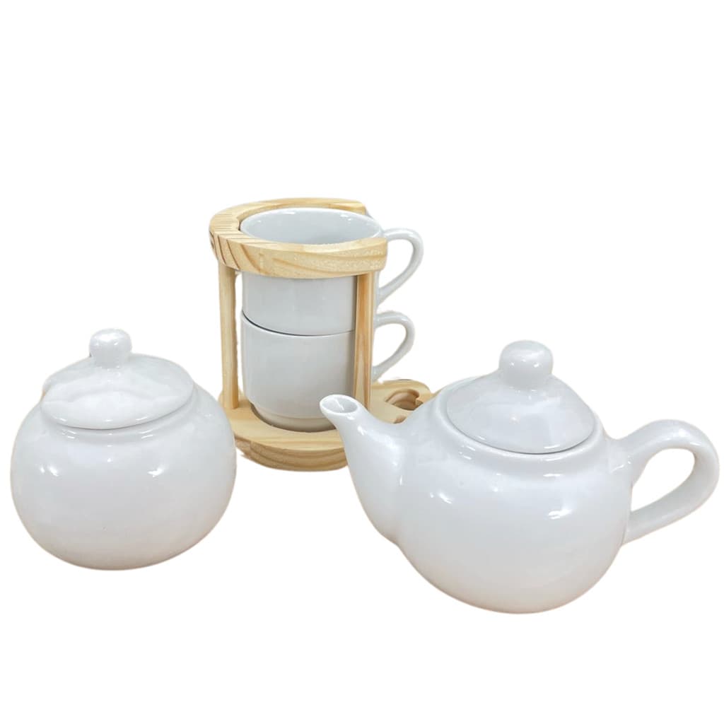 Kit café e chá 5 Pçs Xicaras c/ suporte + bule + Açucareiro