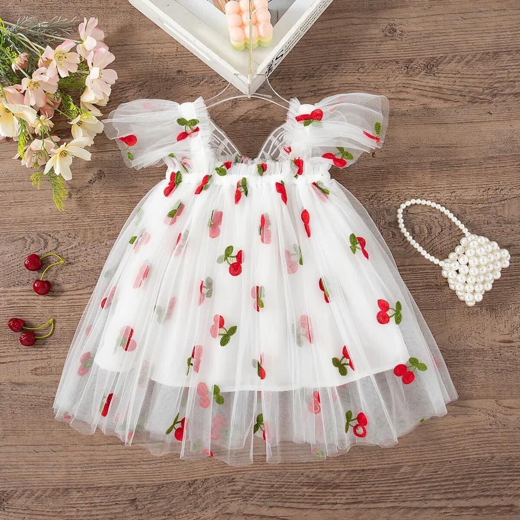 Flor Meninas Vestidos Infantis Asas De Borboleta De Tule Padrão Cereja Doce Bonito Verão Vestido Casual