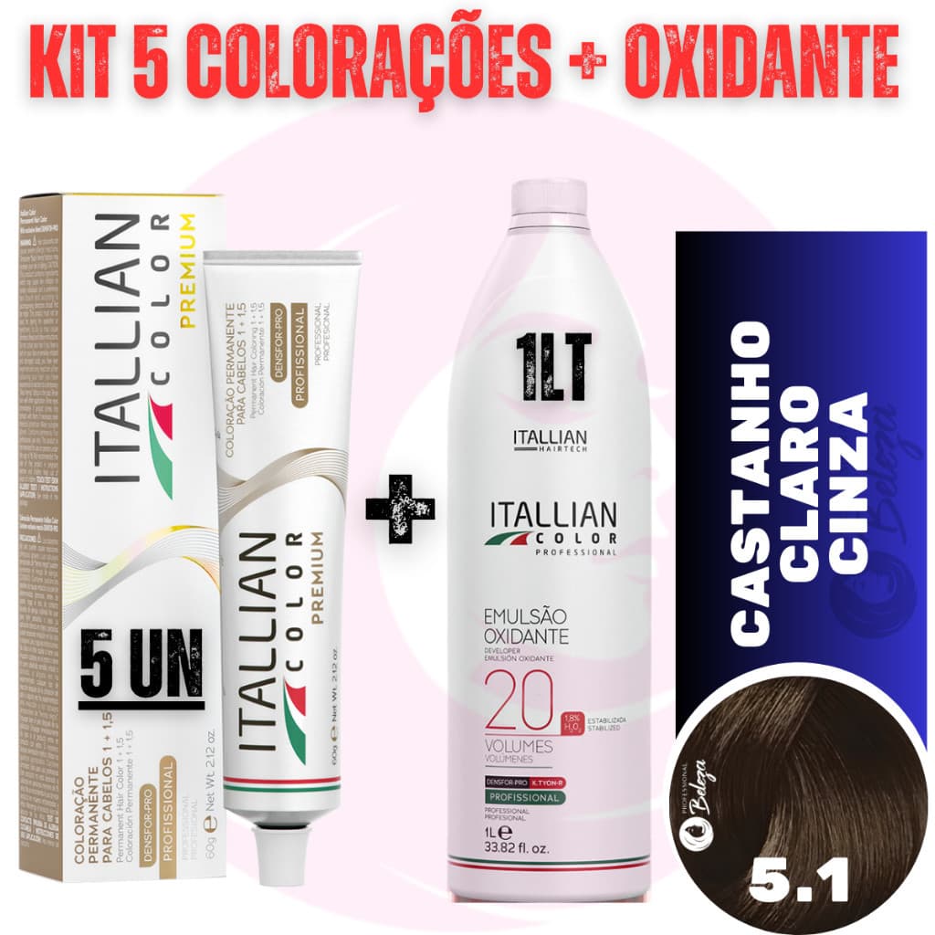 Kit 5 Tinta + Ox 20v Castanho Claro Cinza  5.1 Coloração