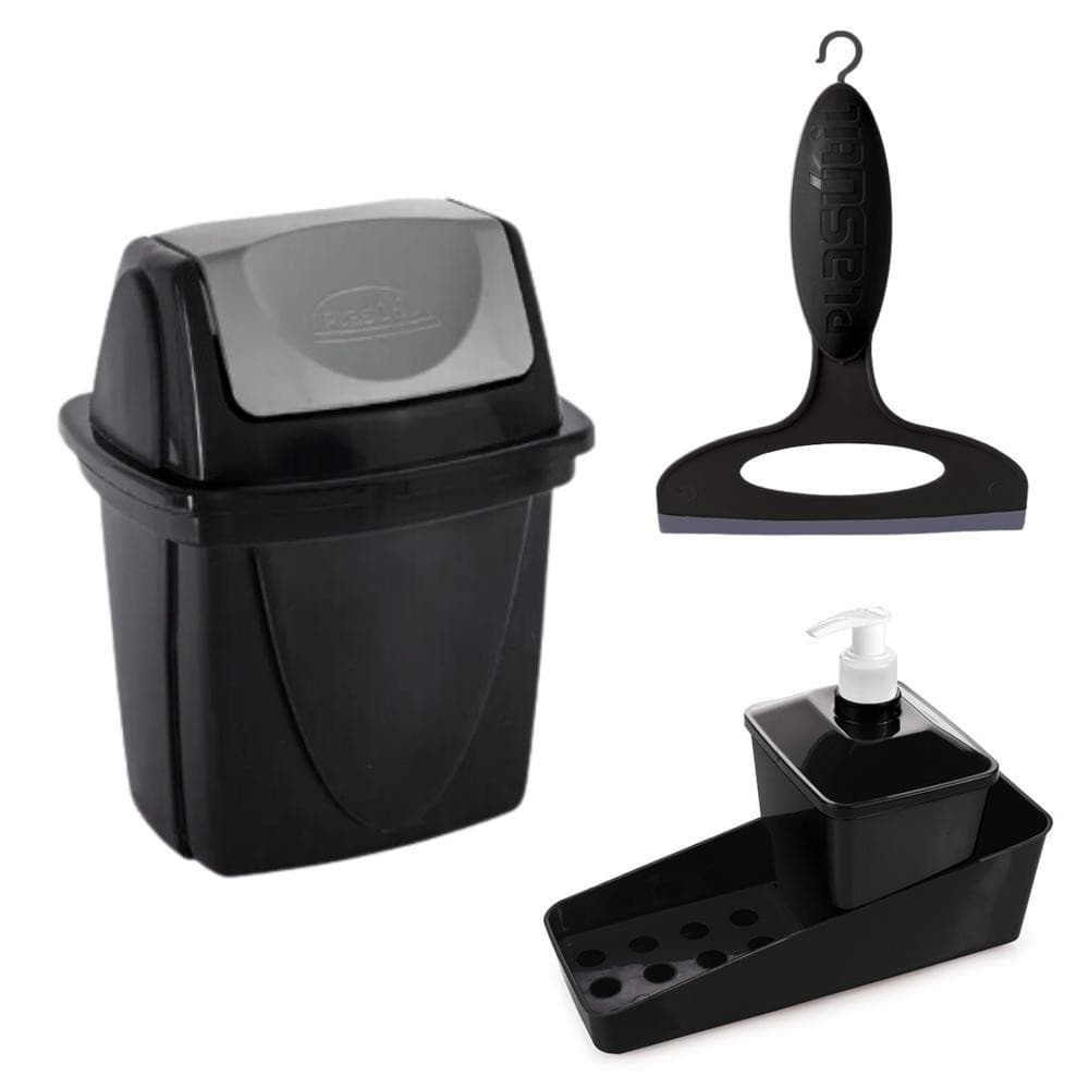 Kit Pia Porta Detergente Esponja Bucha Lixeira Rodo Rodinho