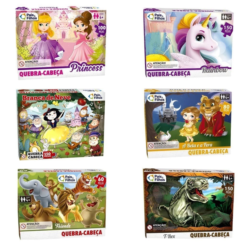BRINQUEDO EDUCATIVO QUEBRA CABEÇA PRINCESAS BRANCA DE NEVE BICHOS A BELA E AFERA UNICÓRNIO T-REX