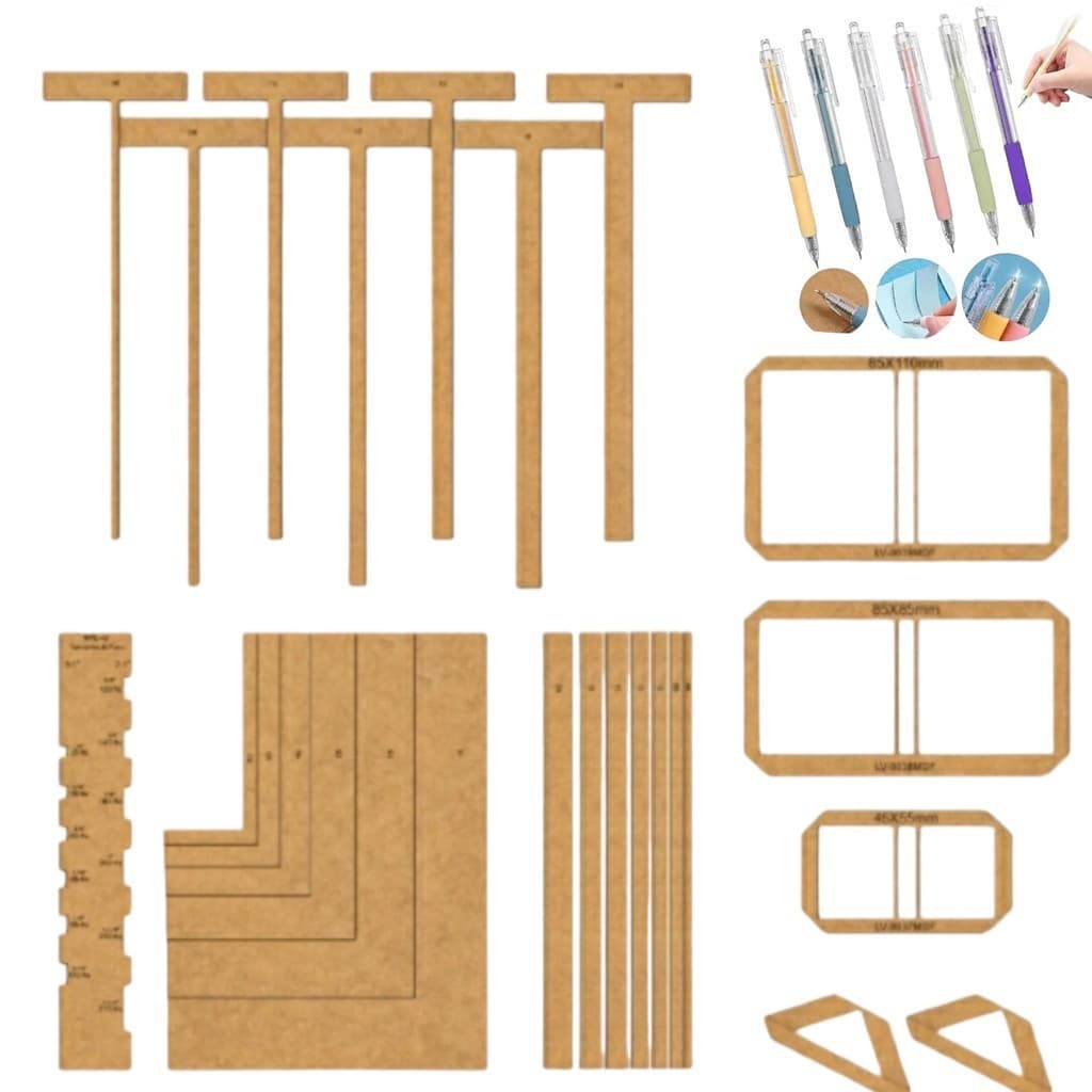 kit Gabarito e Caneta de Corte Encadernação Cartonagem Post It Esquadro Wire-O Mdf pachwork br