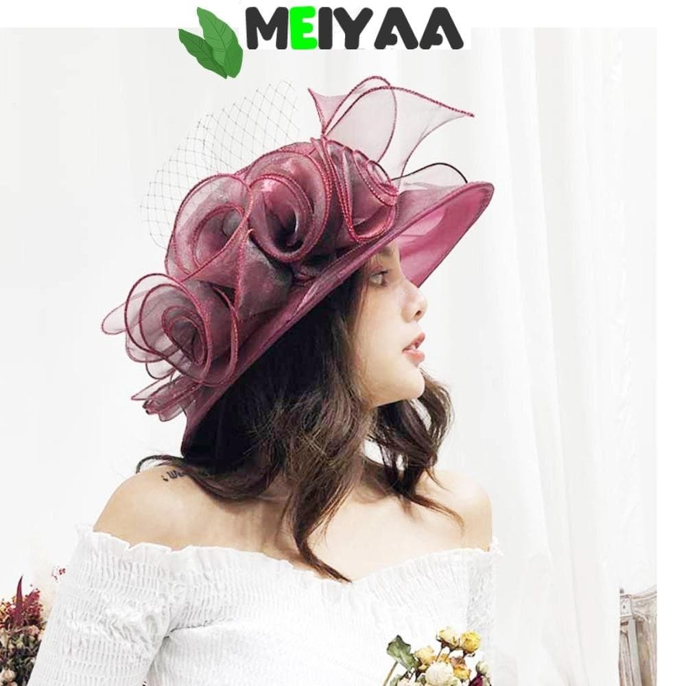 MEIYAA Sunhats , Chapéu De Casamento Organza Wide Brim , Protetor Solar Trendy Ruffles Flower Mesh Vintage Francês